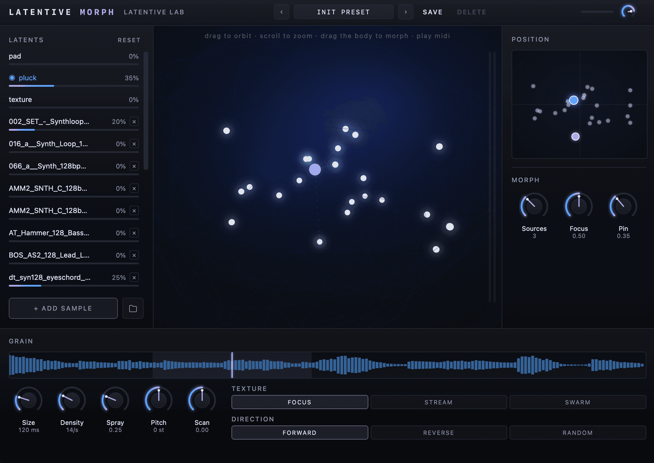 Latentive Morph plug-in interface with a navigable latent field, sound weights, and granular controls